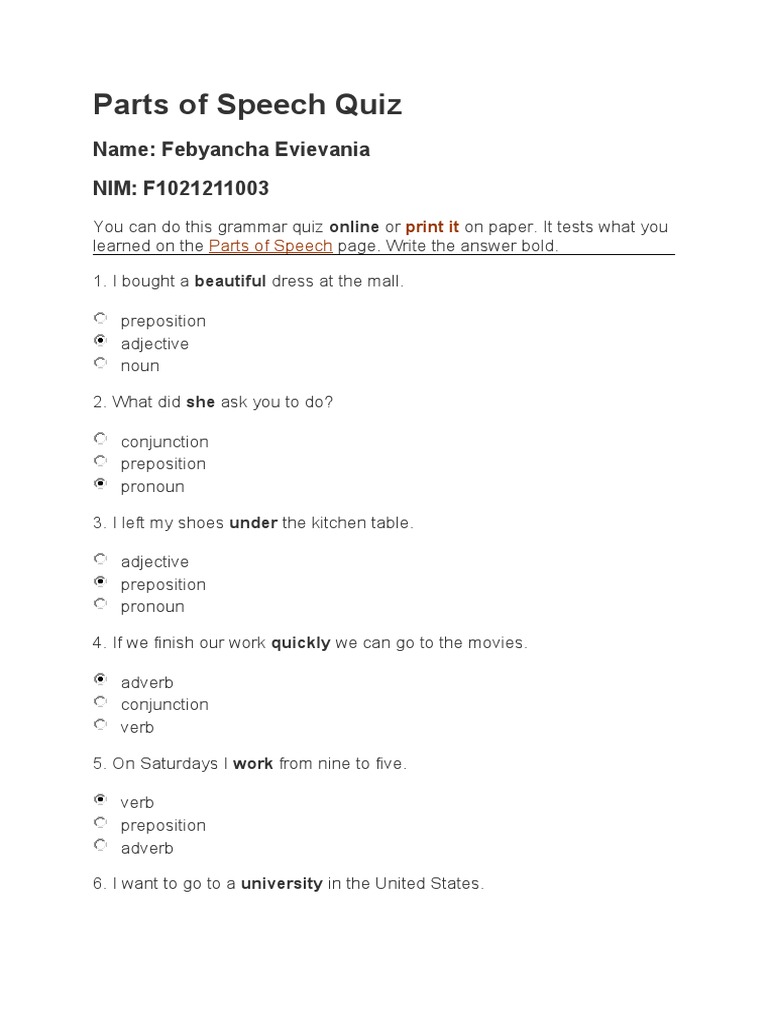 Parts of Speech Quiz PDF