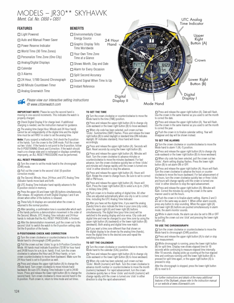 Citizen Eco-Drive C650-651 Condensed Setting Instructions | PDF | Time