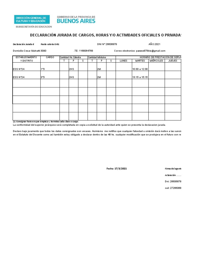 Ddjj cargos declaraci n jurada declaraci n jurada de cargos horas