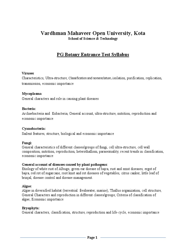 Vardhman Mahaveer Open University, Kota PG Botany Entrance Test