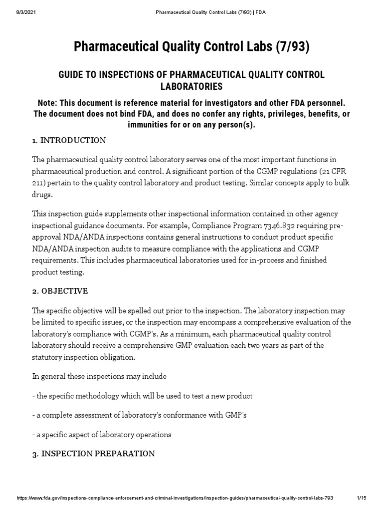 Pharmaceutical Quality Control Labs (7 93) FDA PDF Food And