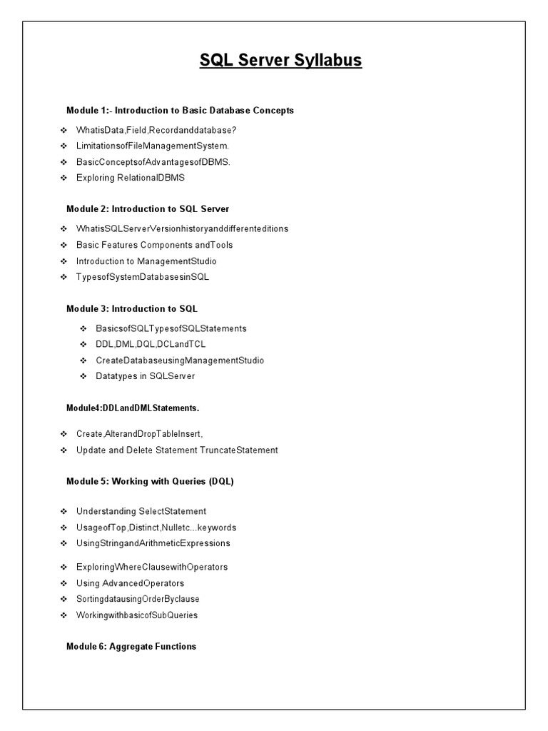 SQL Server Syllabus: Module 1:-Introduction To Basic Database Concepts ...