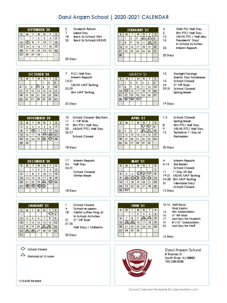 Darul Arqam School 20202021 CALENDAR September 20 February 21 PDF
