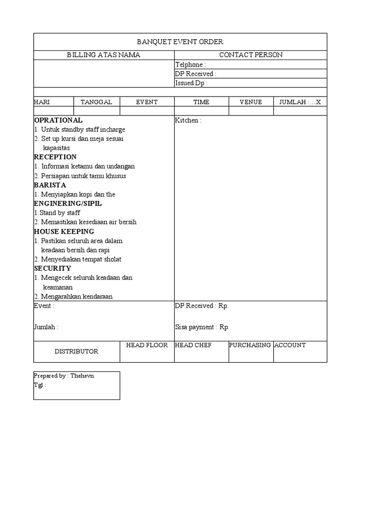 Contoh Banquet Event Order Hotel | PDF