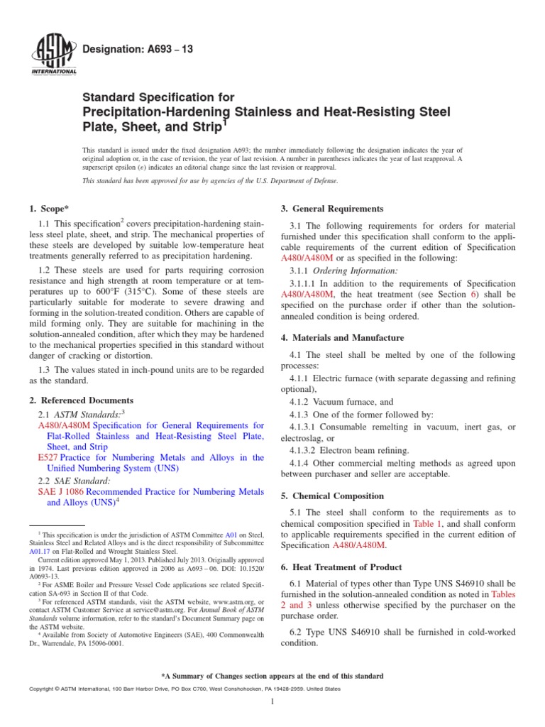 A693-13: Precipitation-Hardening Steel Standards | PDF | Heat Treating ...