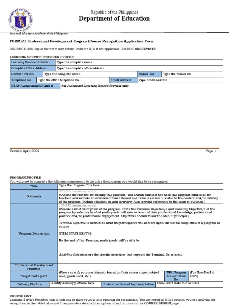 FORM R.1 PD Program Recognition Application Form Latest PDF