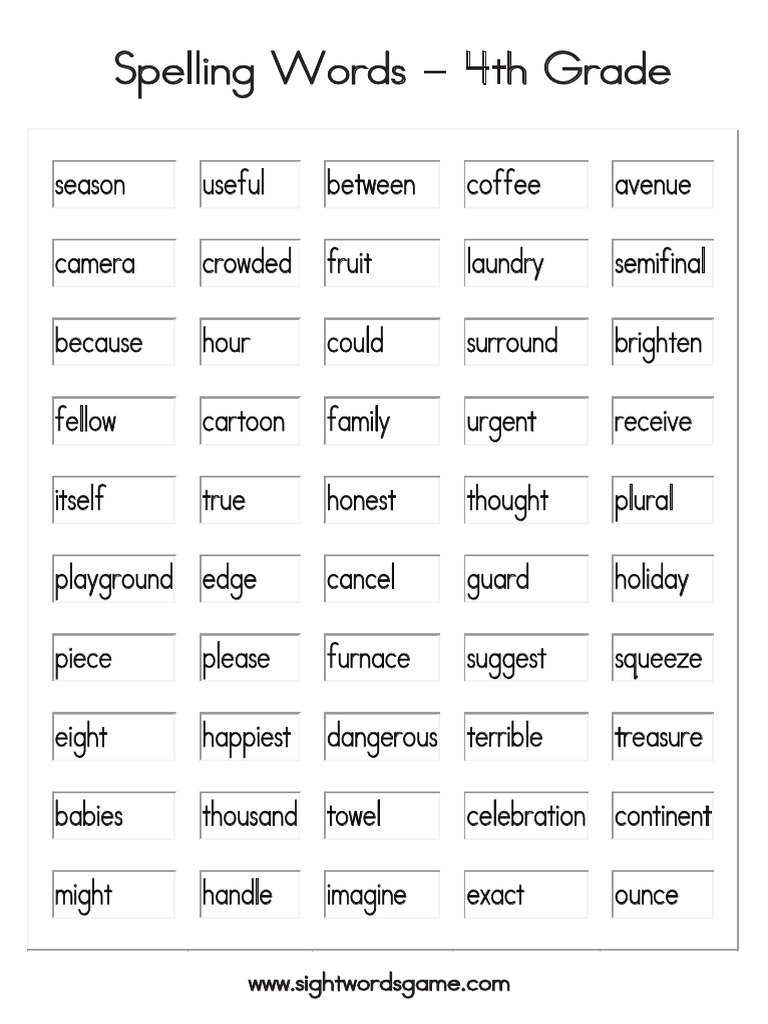 english spelling bee words for grade 4 pdf