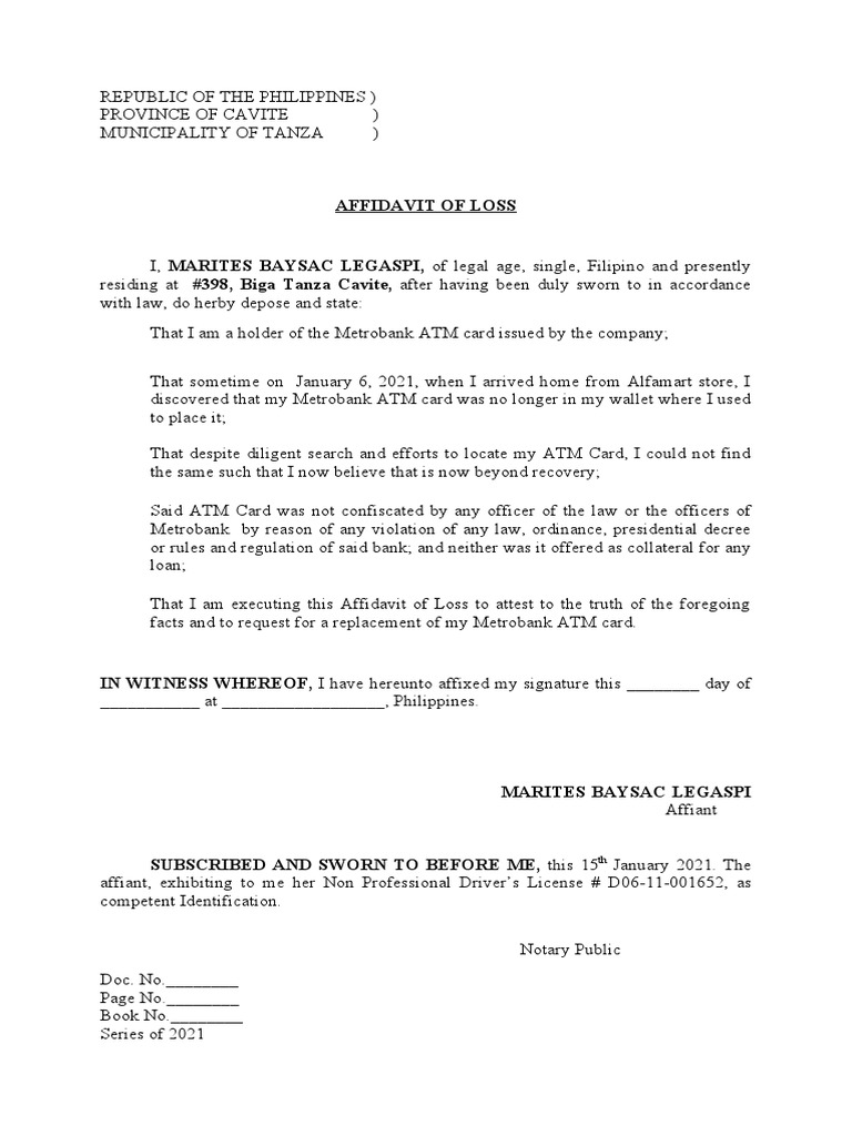 Affidavit of loss landbank atm pdf