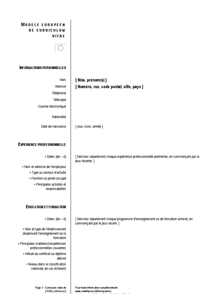 Modèle de CV Européen en Français | PDF | Programme d'enseignement ...