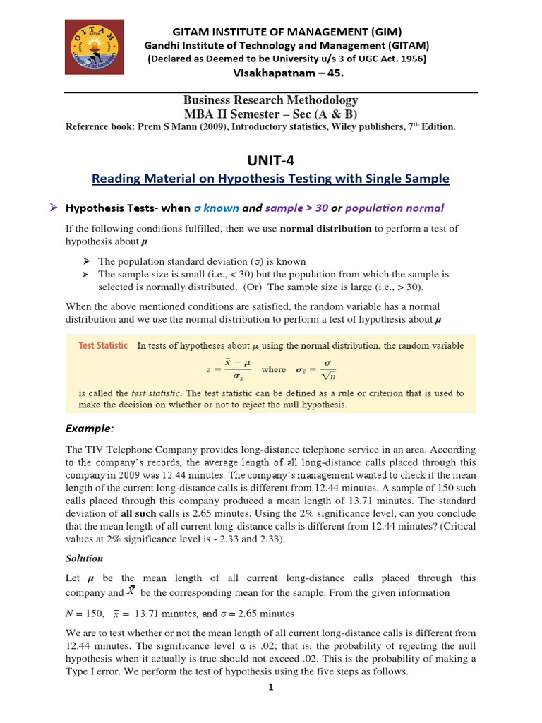 UNIT-4: Reading Material On Hypothesis Testing With Single Sample | PDF ...