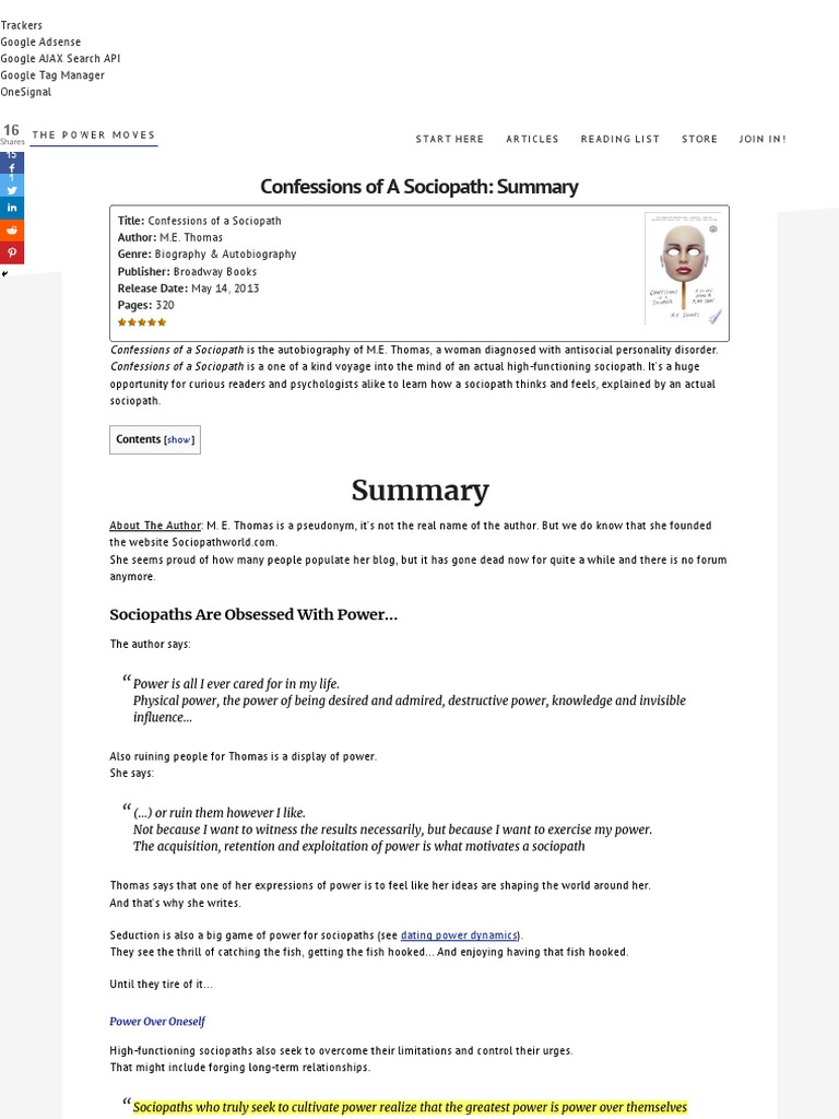 Confessions of A Sociopath Summary The Power Moves PDF Psychopathy Antisocial