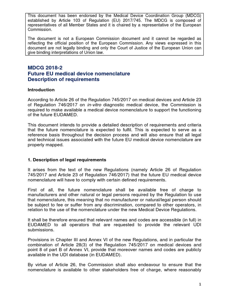 MDCG 2018-2 Future EU Medical Device Nomenclature Description of ...