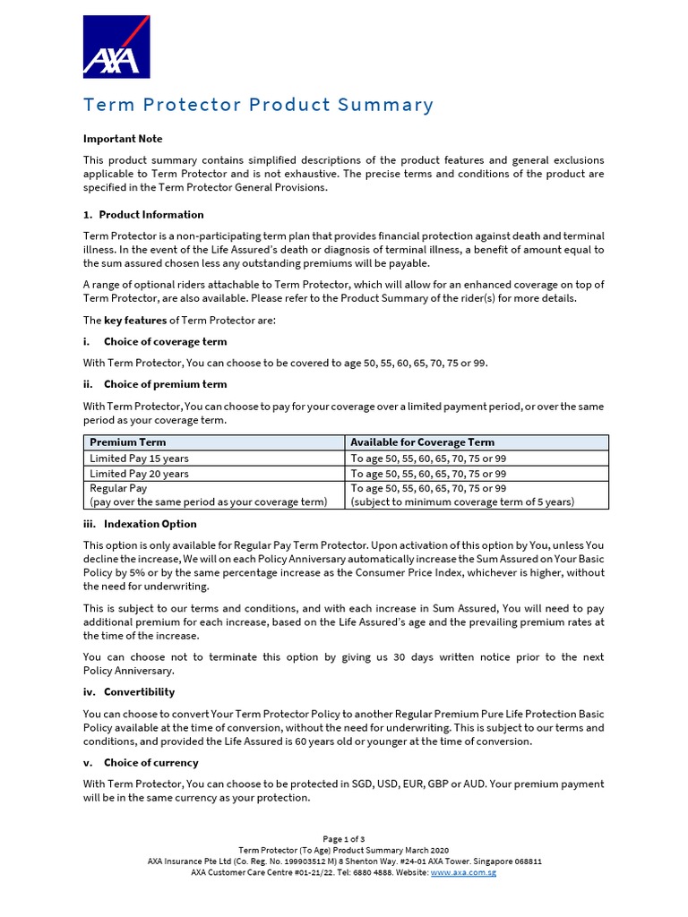 AXA Term Protector Product Summary | PDF | Insurance | Disability