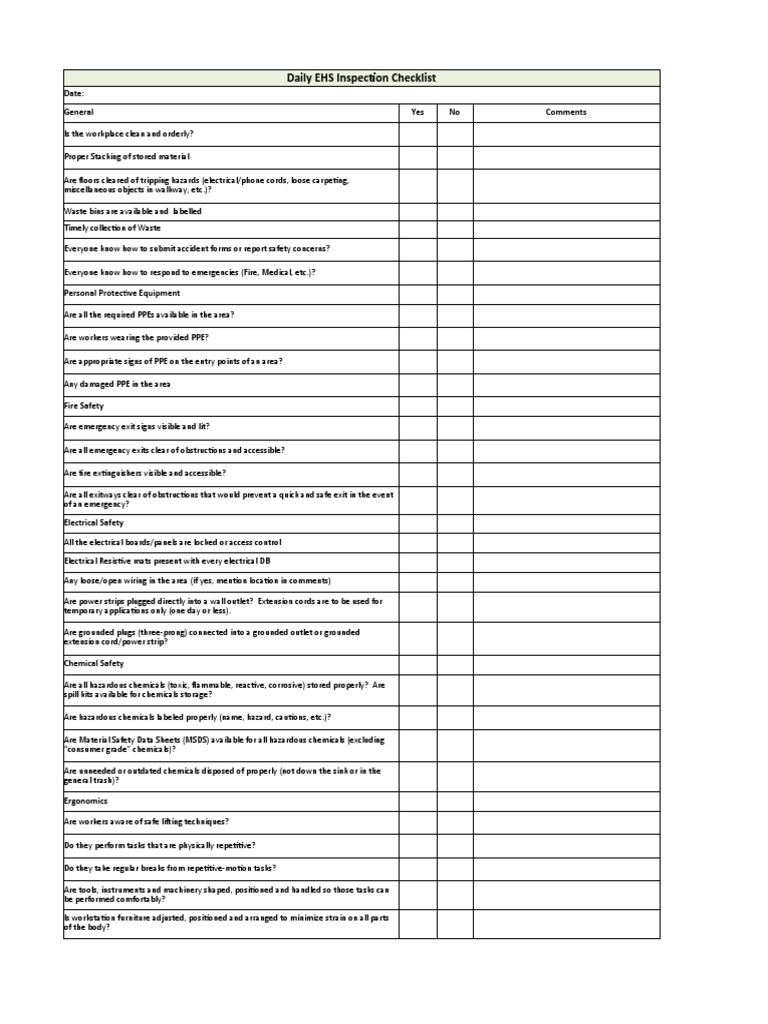 Daily EHS Inspection Checklist | PDF | Personal Protective Equipment ...