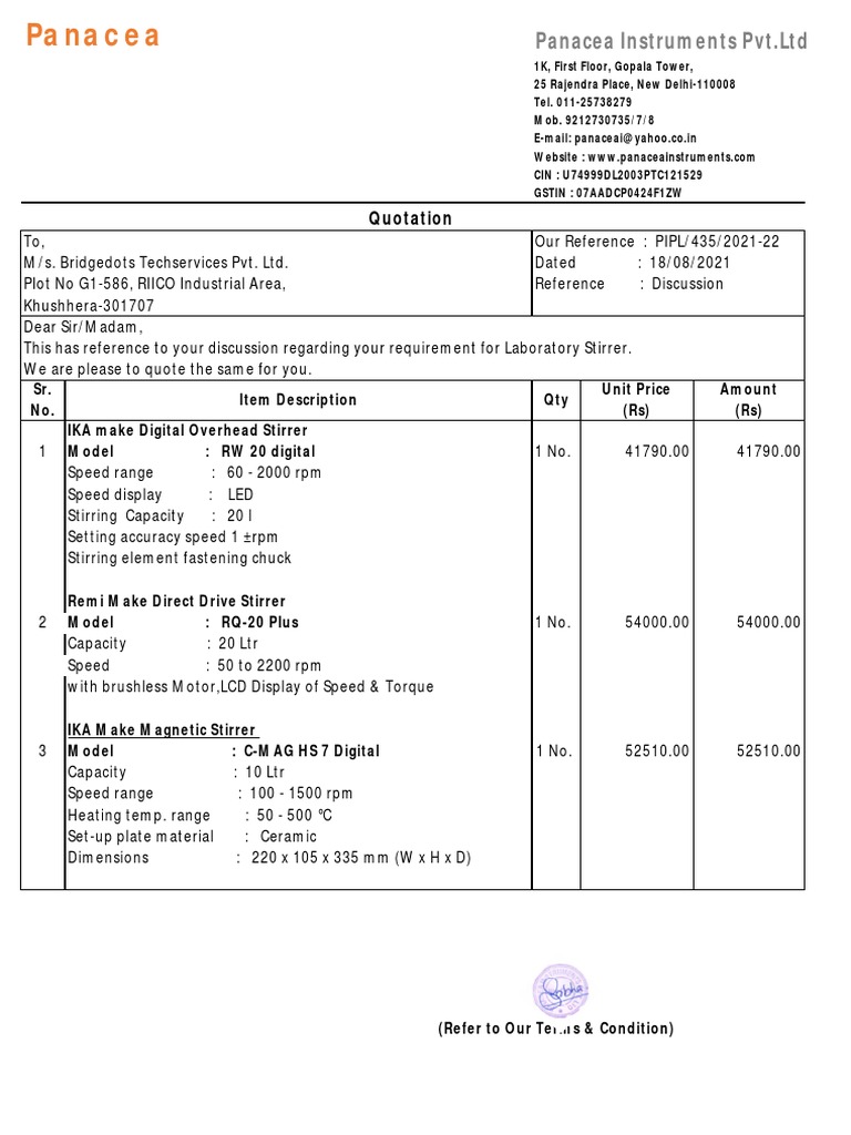 Quotation For Laboratory Stirrer | PDF | Manufactured Goods | Vehicles