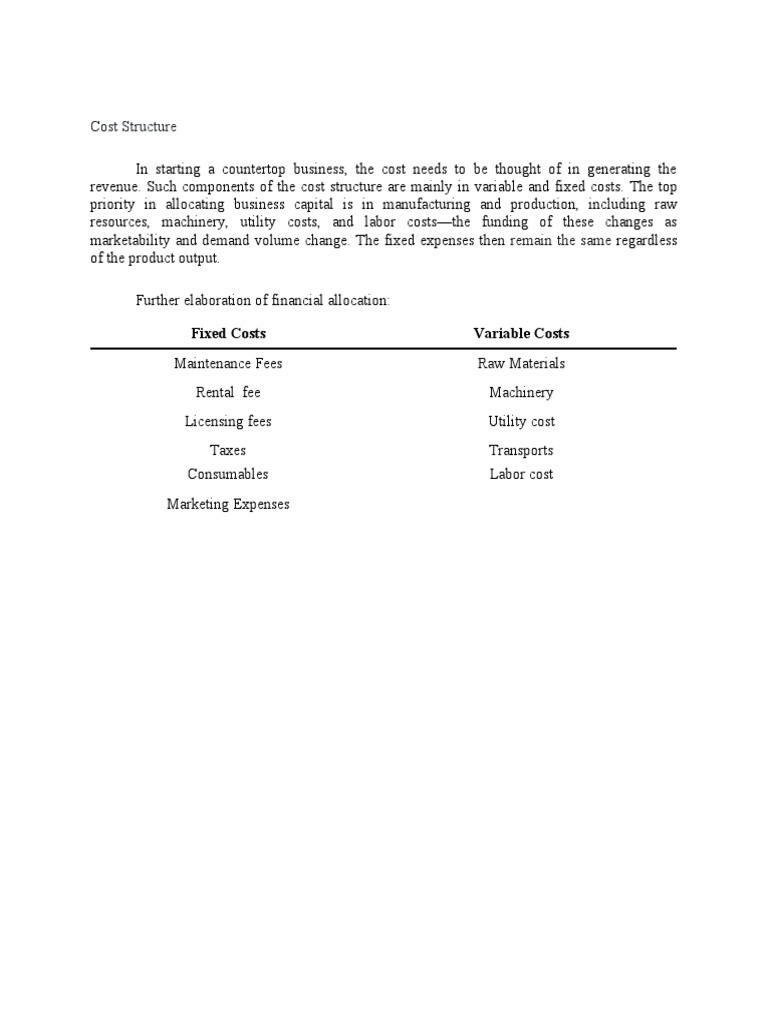 Cost Structure: Fixed Costs Variable Costs | PDF