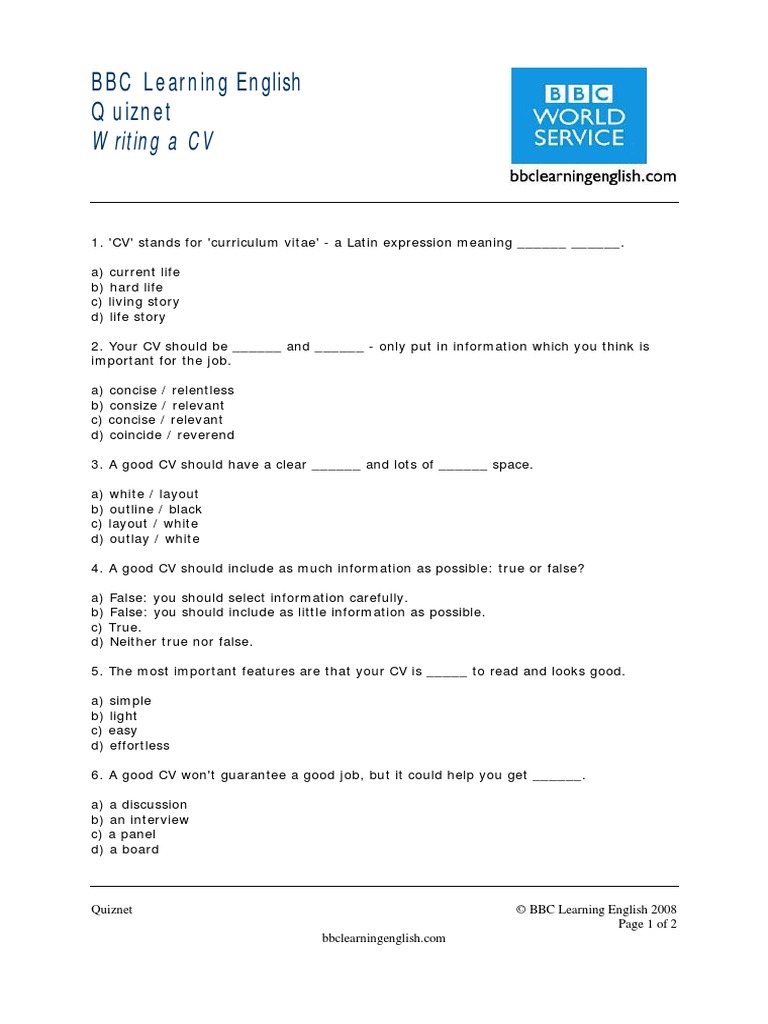 Writing A CV BBC Learning English PDF Human Communication