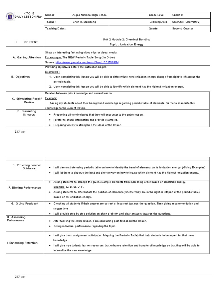 Grade 9 Chemistry Lesson Plan: Ionization Energy | PDF | Learning ...