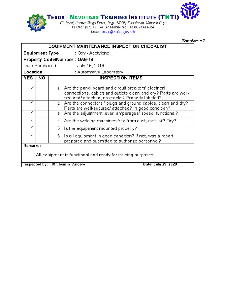 3 Equipment Maintenance Inspection Checklist PDF