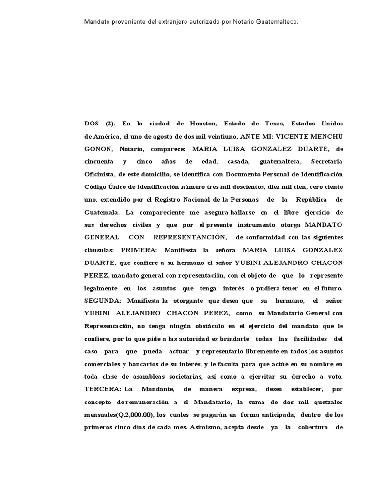 Protocolización de un Mandato General con Representación otorgado en el ...