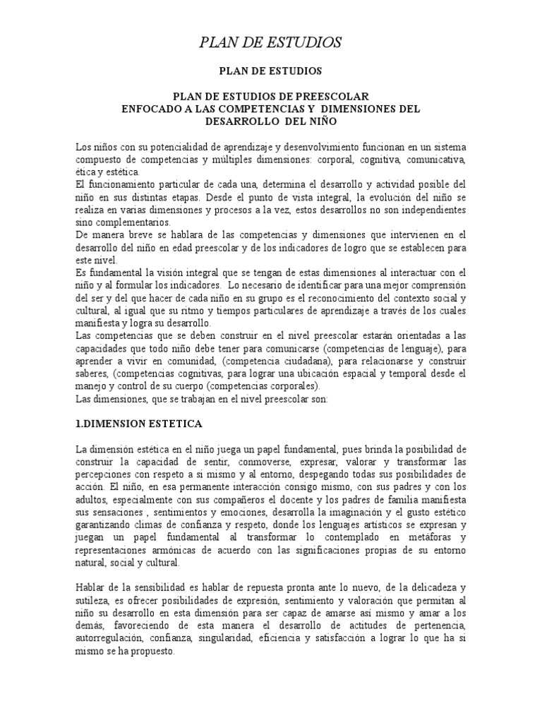 Plan de Estudios Preescolar Integral | PDF | Educación de la primera ...