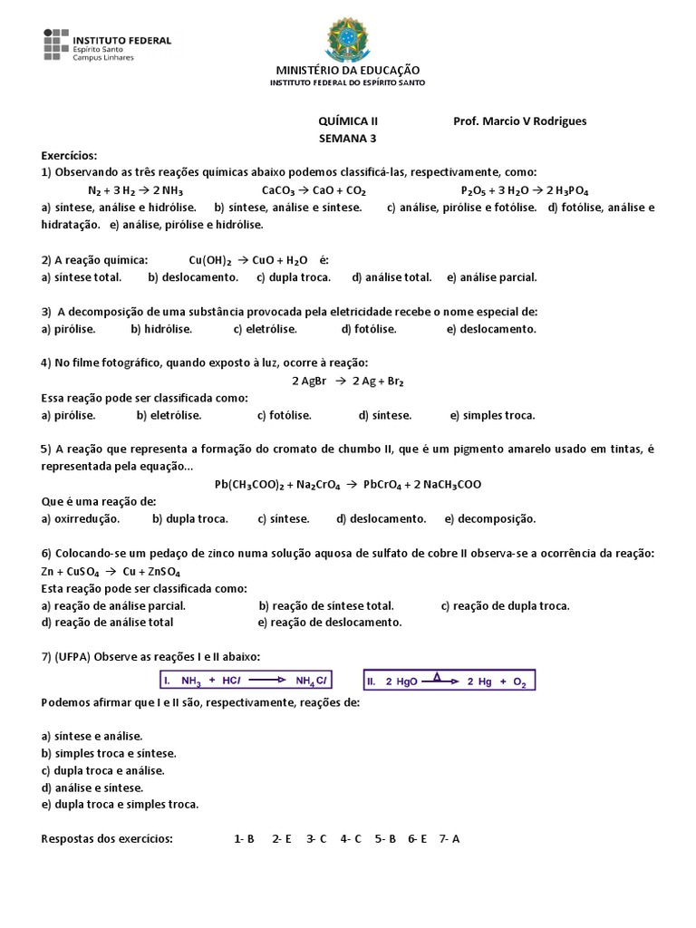 Exercícios de Classificação de Reações Químicas | PDF