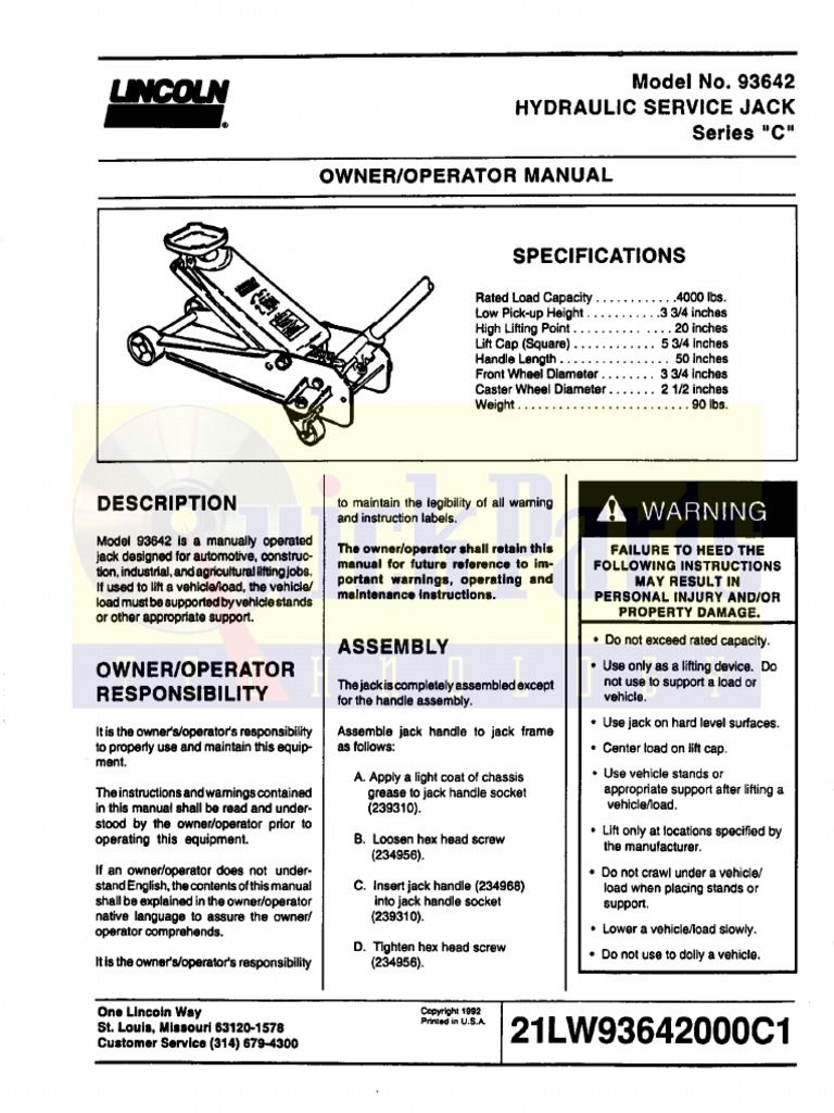Lincoln 93642 Series C Hydraulic Service Jack 2 Ton | PDF