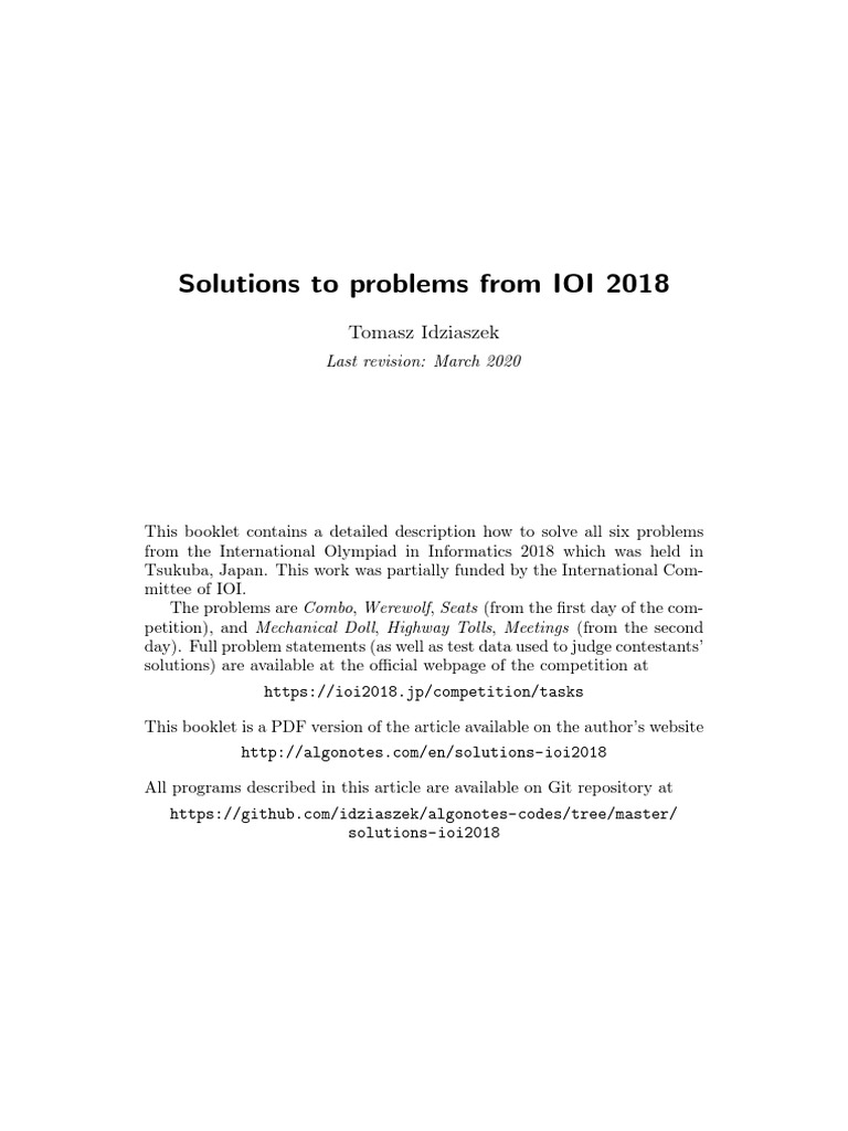 IOI 2018 Problem Solutions by Idziaszek | PDF | Vertex (Graph Theory ...