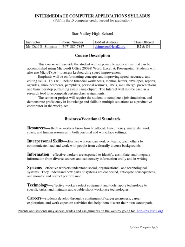Intermediate Computer Applications Syllabus: Star Valley High School ...