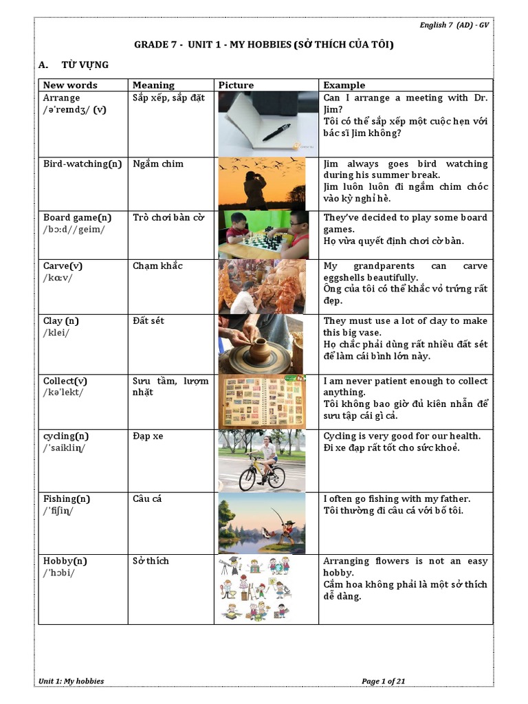 E7 Unit 1 My Hobbies (GV) | PDF