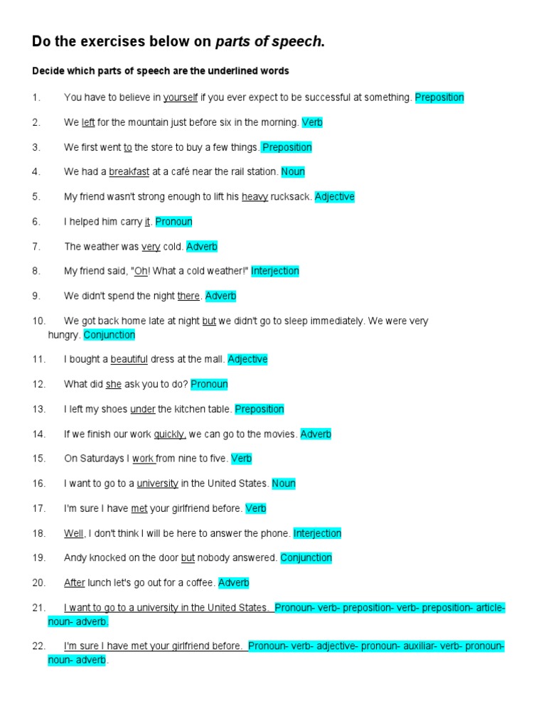Parts of Speech Exercise PDF
