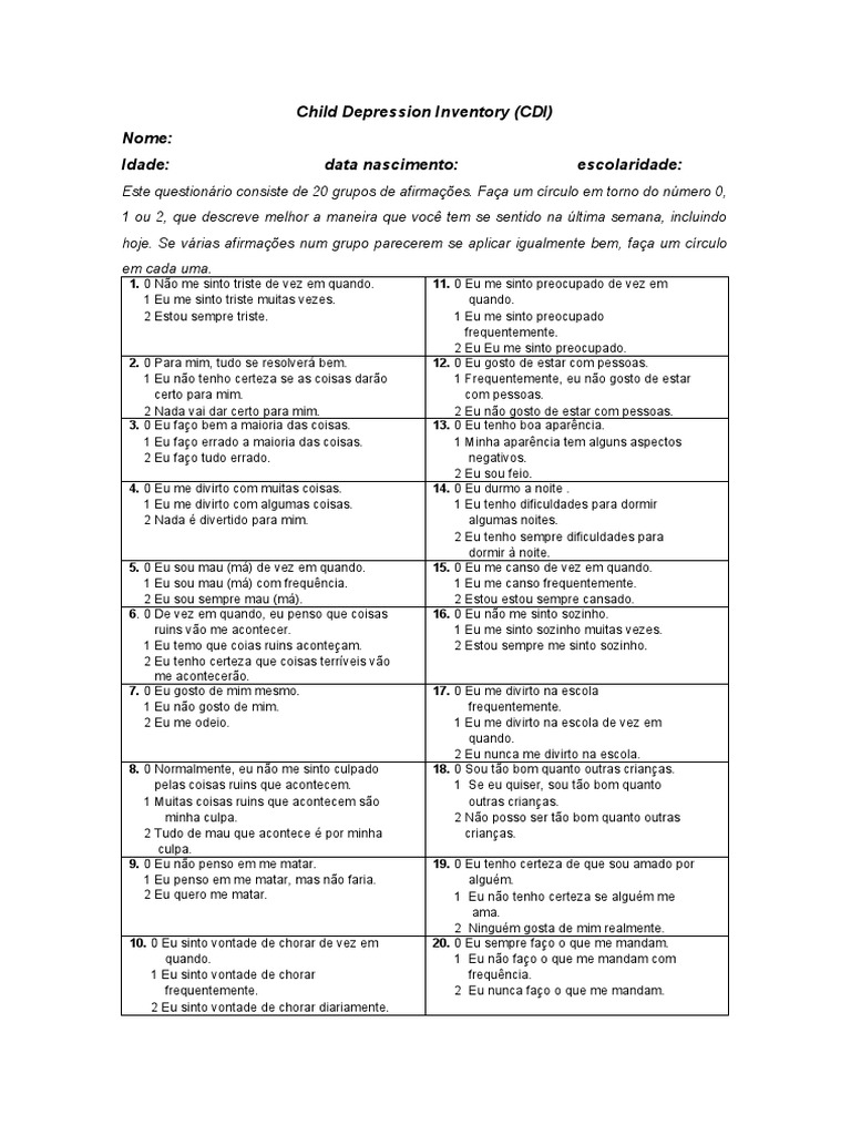 Inventário de Depressão Infantil (CDI) | PDF