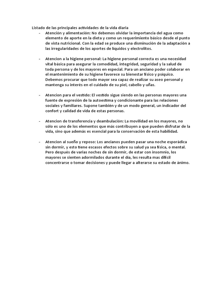 Listado de Las Principales Actividades de La Vida Diaria | PDF ...