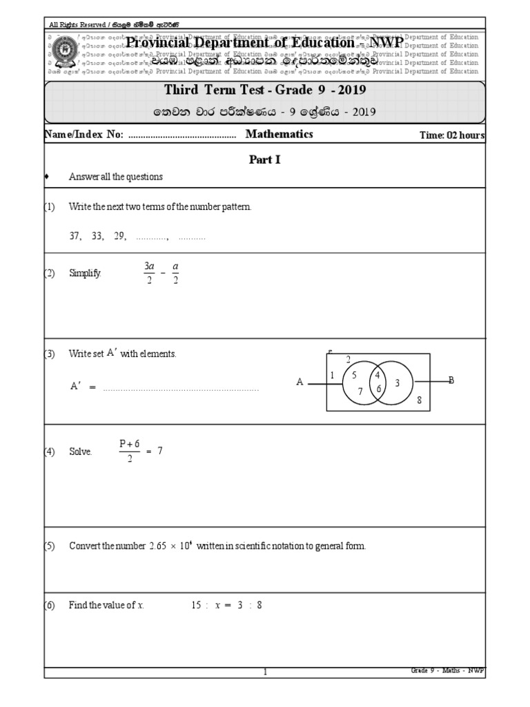 Grade 9 Maths Exam 2019 | PDF | Angle | Mean