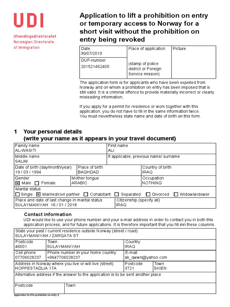 Lifting Entry Prohibition Application | PDF | Identity Document ...