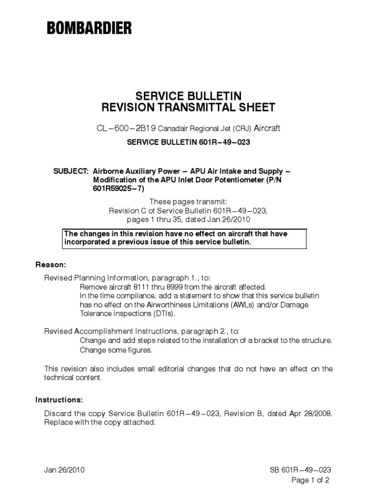 Service Bulletin Revision Transmittal Sheet CL 600 2B19 Aircraft PDF Electrical