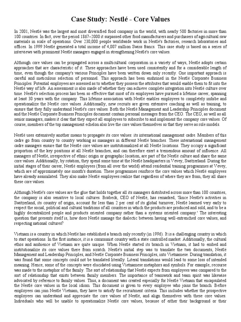 Case Study - Nestlé - Core Values (Abridged) | PDF | Nestlé | Employment
