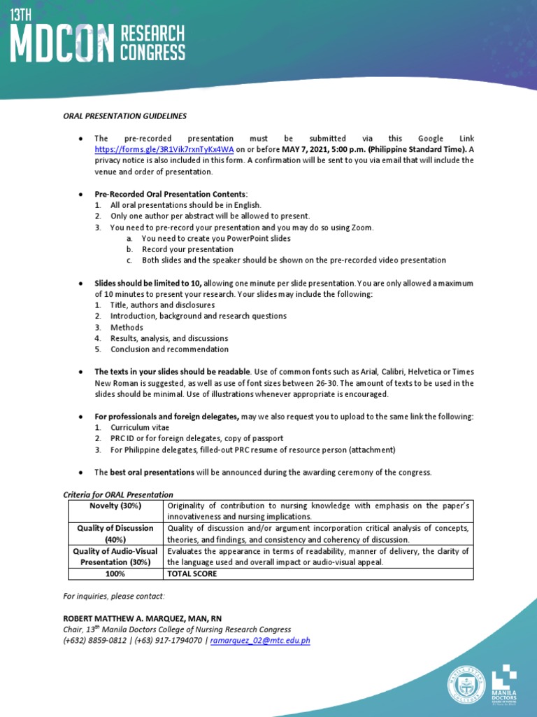 ORAL PRESENTATION GUIDELINES13thMDCONRC PDF Communication