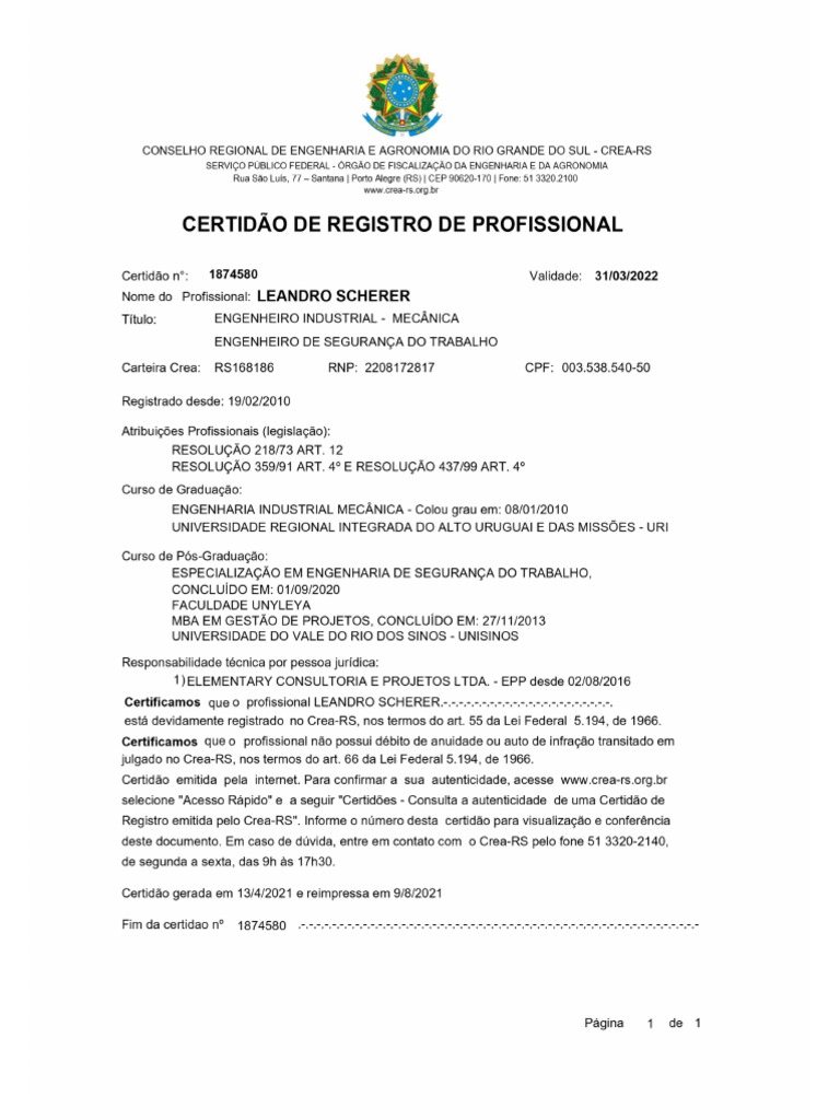 Certidão de Registro de Profissional | PDF
