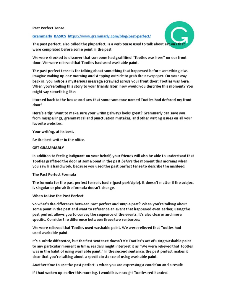 Past Perfect Tense | PDF | Perfect (Grammar) | Grammatical Tense