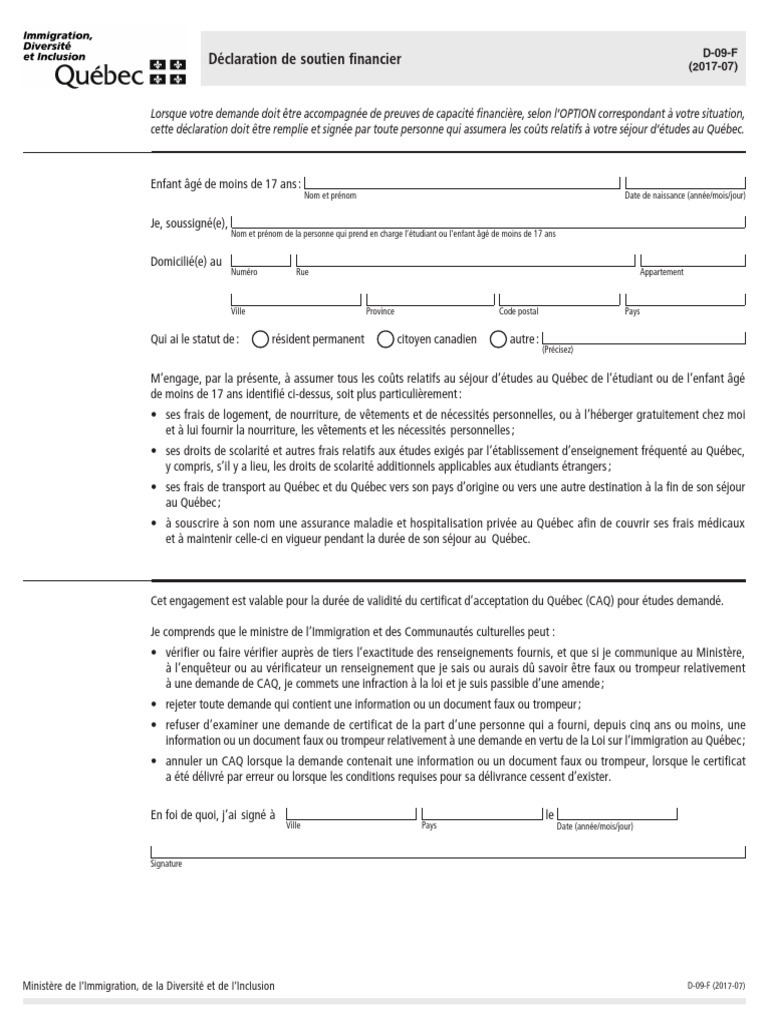 Déclaration de soutien financier D-09-F | PDF | Québec | Justice