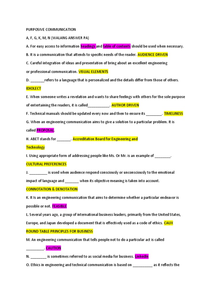 Purposive Communication Quiz 1 PDF Communication Engineering