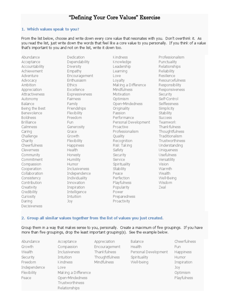 Core Values Definition Exercise | PDF | Happiness | Spirituality