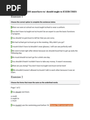 Modal Verbs Must Have To Should Ought To Exercises Pdf Linguistics Grammar