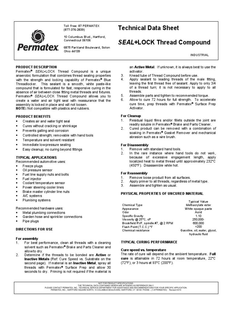 TDS Permatex Lock and Seal Descargar gratis PDF Metals Steel