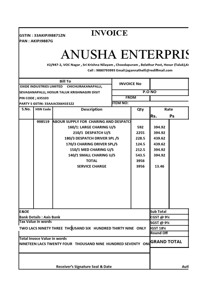 E&OE Invoice for Anusha Enterprises | PDF | Invoice | Economies