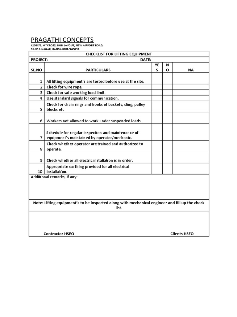 Lifting Checklist PDF
