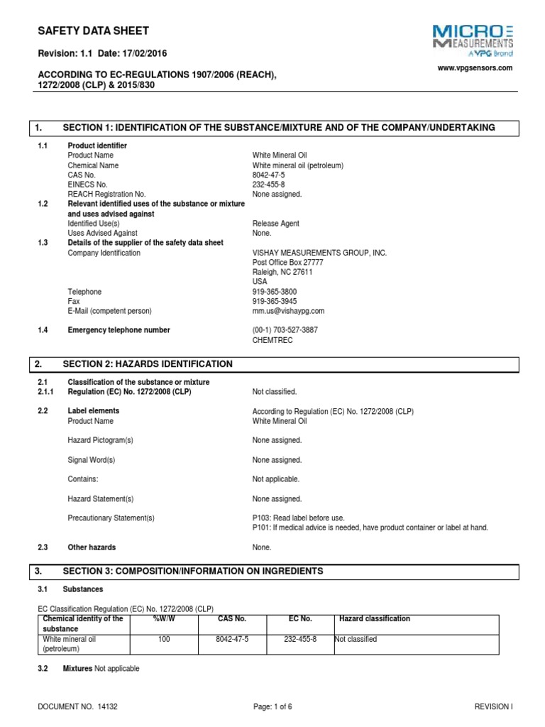 14132I White Mineral Oil SDS US V1 1 PDF Dangerous Goods Personal Protective Equipment