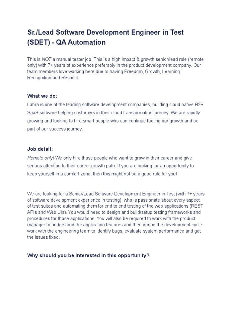 Sr./Lead Software Development Engineer in Test (SDET) - QA Automation ...