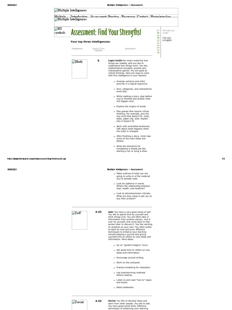 Multiple Intelligences Assessmentx Pdf Intelligence Interview